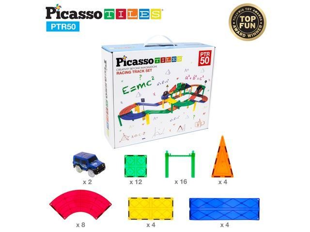 Set PicassoTiles Pistă de curse - 50 piese magnetice de construcție - conține 2 mașini cu LED-Uri
