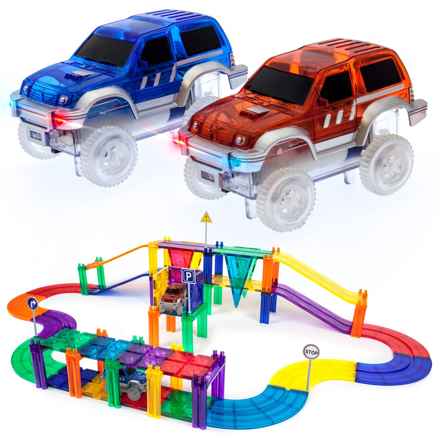 Set PicassoTiles Pistă de curse - 50 piese magnetice de construcție - conține 2 mașini cu LED-Uri