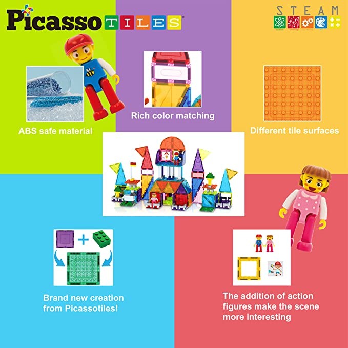 Set PicassoTiles - 333 piese: piese magnetice, cărămizi de construcție, figurine magnetice și alte piese extra