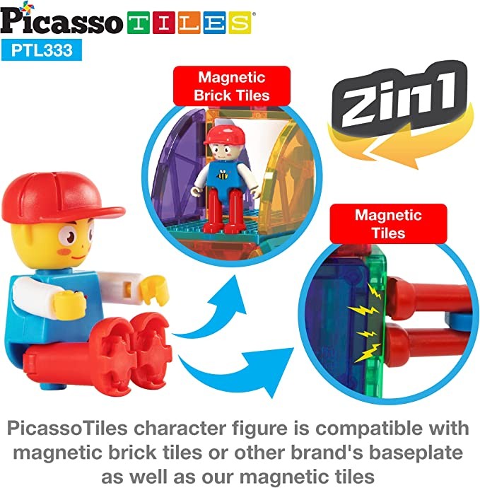 Set PicassoTiles - 333 piese: piese magnetice, cărămizi de construcție, figurine magnetice și alte piese extra