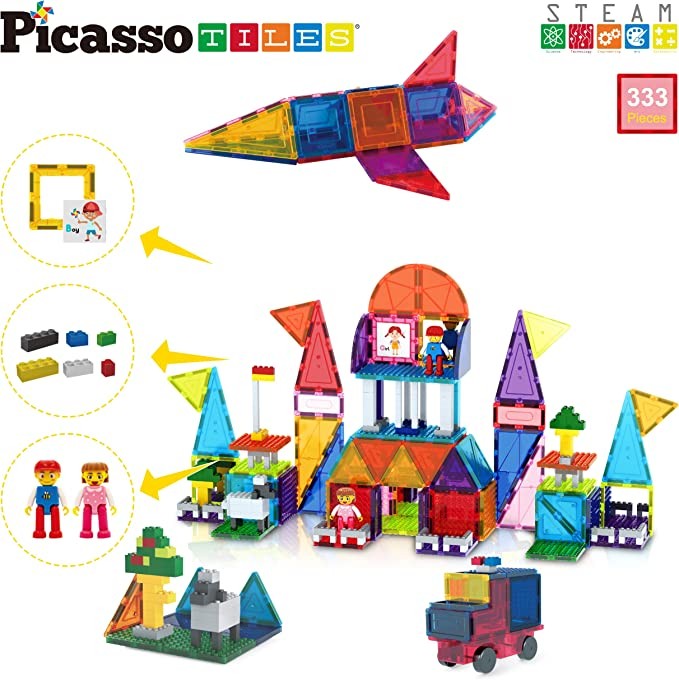 Set PicassoTiles - 333 piese: piese magnetice, cărămizi de construcție, figurine magnetice și alte piese extra