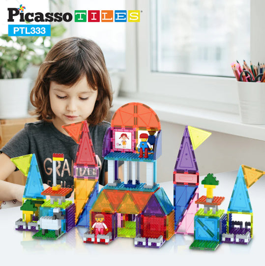 Set PicassoTiles - 333 piese: piese magnetice, cărămizi de construcție, figurine magnetice și alte piese extra