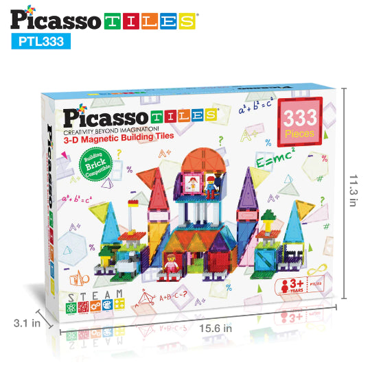 Set PicassoTiles - 333 piese: piese magnetice, cărămizi de construcție, figurine magnetice și alte piese extra