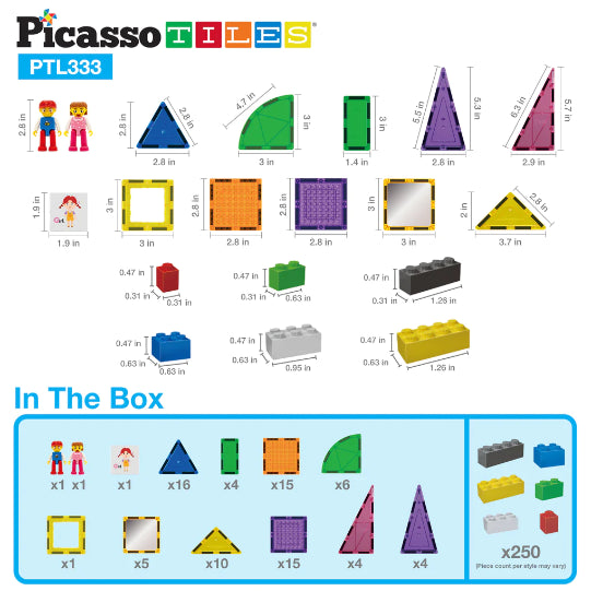 Set PicassoTiles - 333 piese: piese magnetice, cărămizi de construcție, figurine magnetice și alte piese extra