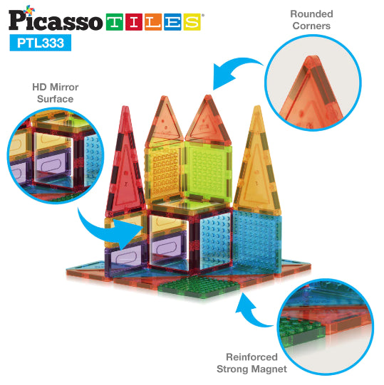 Set PicassoTiles - 333 piese: piese magnetice, cărămizi de construcție, figurine magnetice și alte piese extra