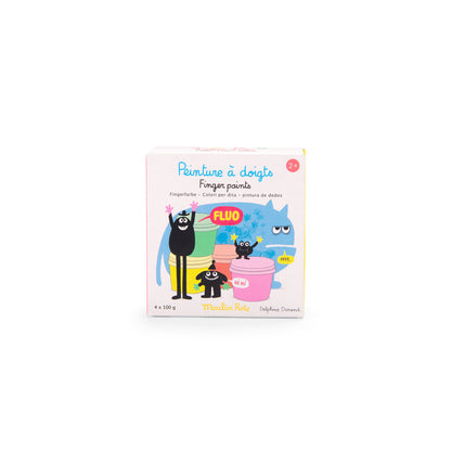 Acuarele neon pentru pictură cu degetele – Set 4 culori fluorescente pentru copii 2+ | Moulin Roty