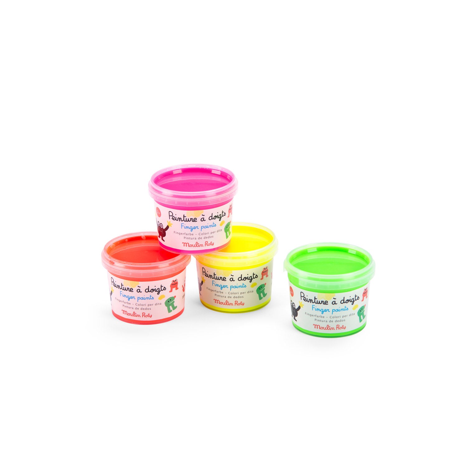 Acuarele neon pentru pictură cu degetele – Set 4 culori fluorescente pentru copii 2+ | Moulin Roty