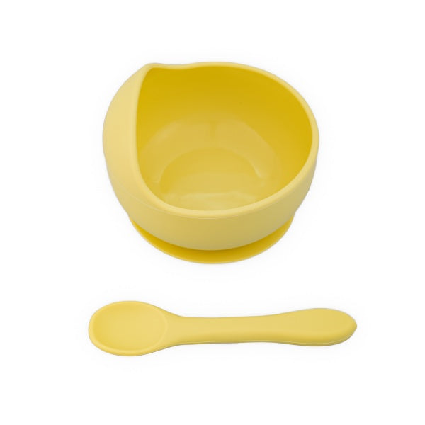 Set diversificare pentru copii – Castron cu ventuză și linguriță din silicon Oaki, galben pal