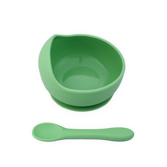 Set diversificare pentru copii – Castron cu ventuză și linguriță din silicon Oaki, verde pal