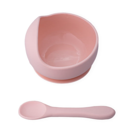 Set diversificare pentru copii – Castron cu ventuză și linguriță din silicon Oaki, roz pal