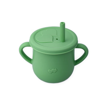 Cană din silicon cu mânere și pai pentru copii, 200 ml, verde pal