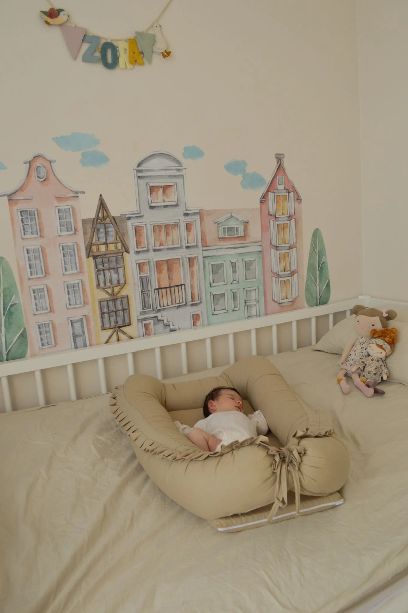 Baby Nest Bej cu Volănașe - Twindeco - Beige Cotton Flower