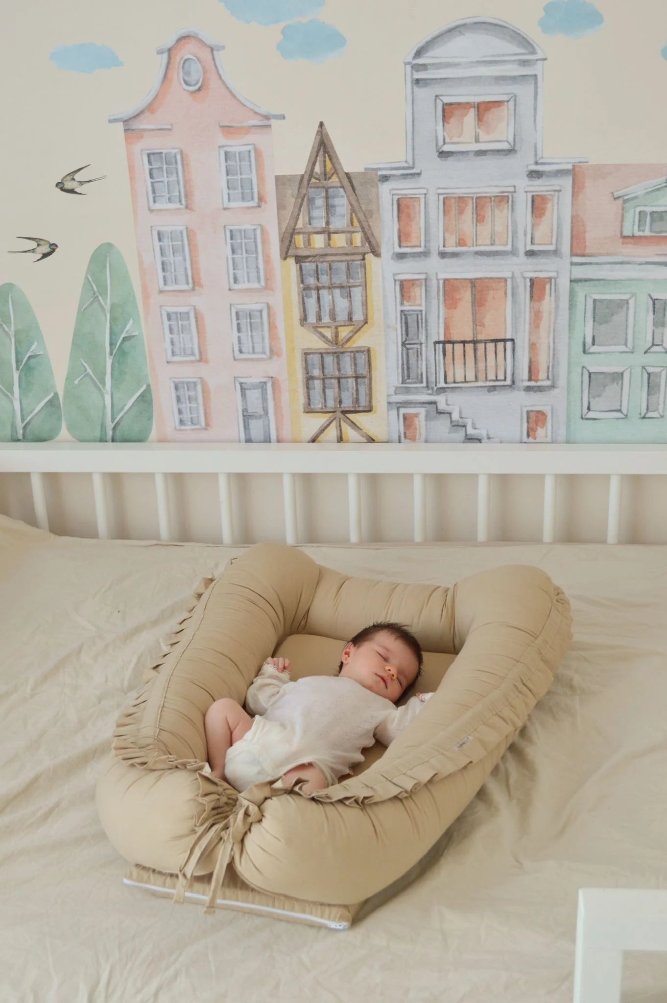 Baby Nest Bej cu Volănașe - Twindeco - Beige Cotton Flower