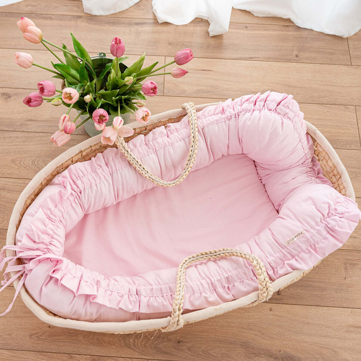 Baby Nest Roz cu Volănașe - Twindeco - Pink Cotton Flower