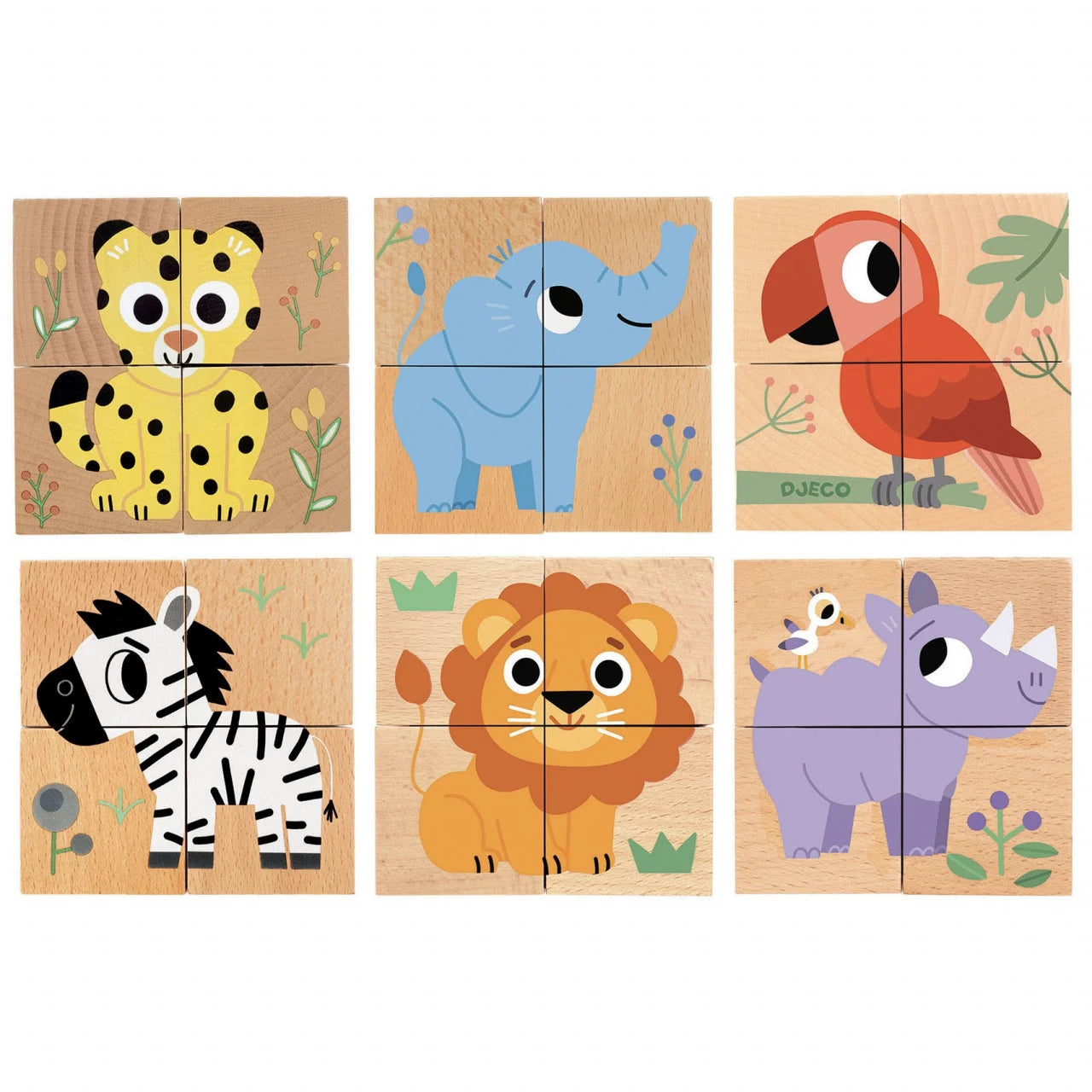 Puzzle din cuburi de lemn Animale salbatice, Djeco