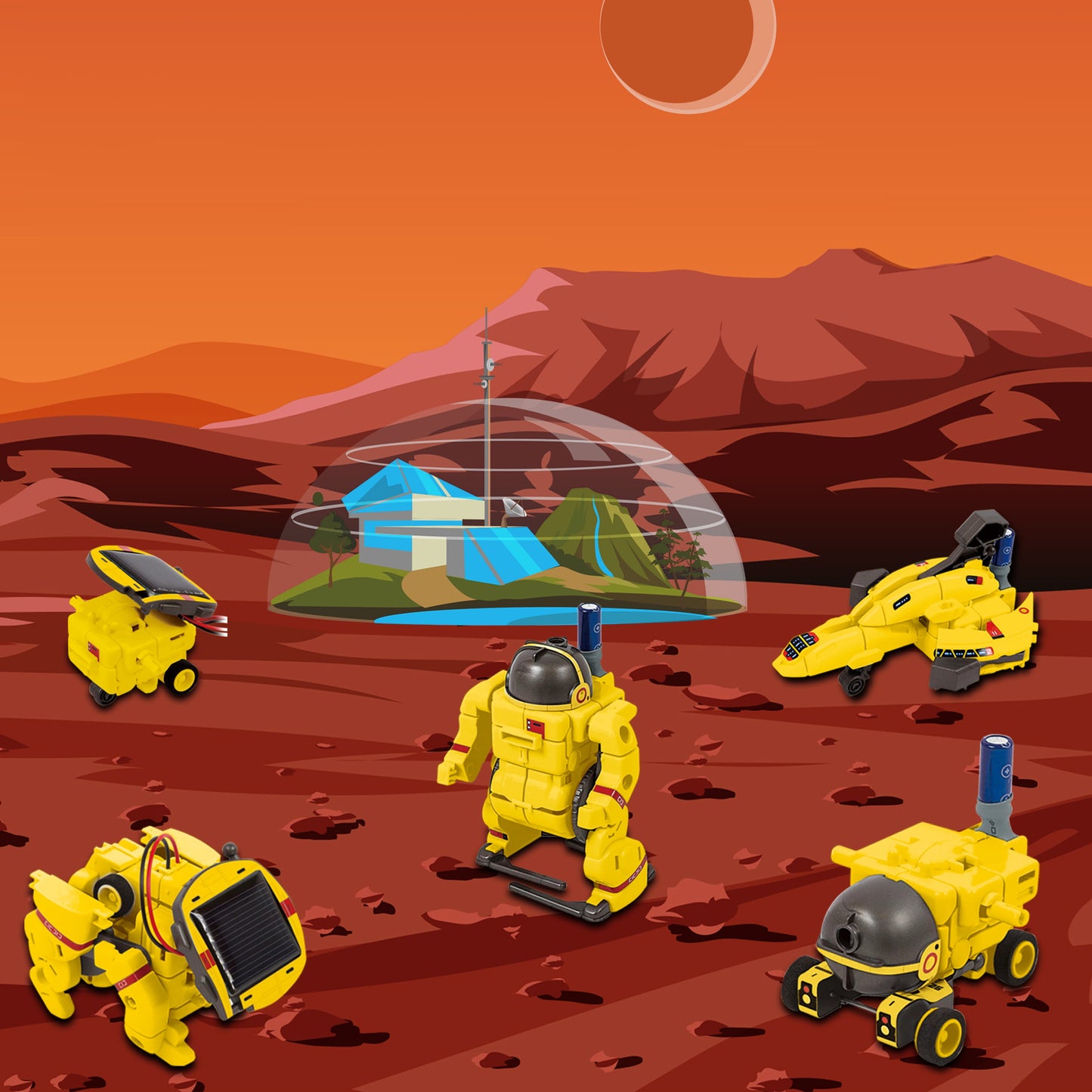 Set PicassoTiles - Kit STEM Solar 6-În-1 Robot-OZN-Astronaut-Câine-Navetă Spațială