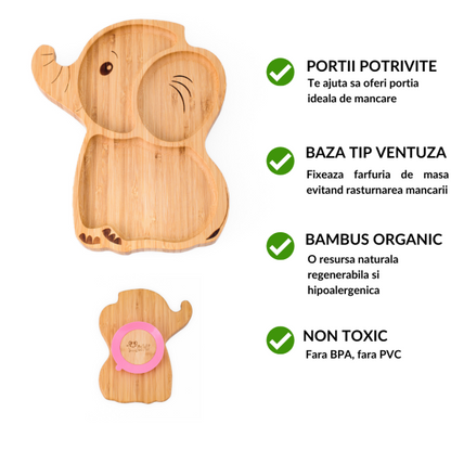 Farfurie elefant din bambus organic cu bază tip ventuză Oaki, roz