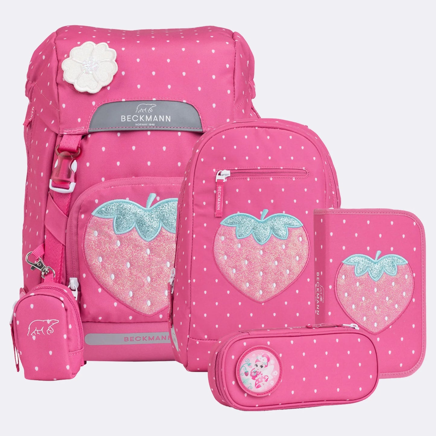 Ghiozdan, rucsac ergonomic Beckmann, set clasic 6 piese, Strawberry