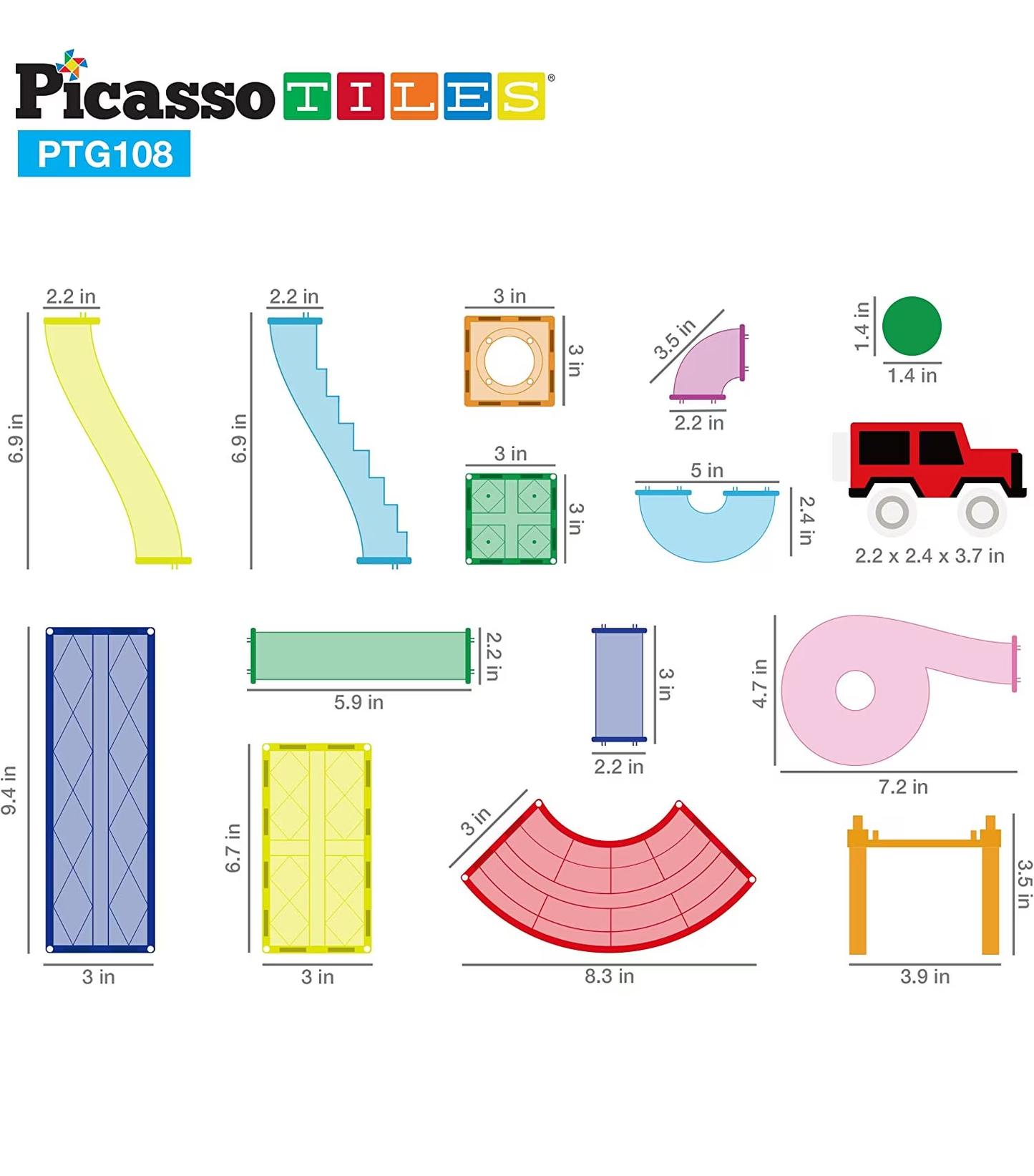 Set PicassoTiles 2-în-1 pistă de mașinuțe și traseu magnetic pentru bile (marble run) - 108 piese