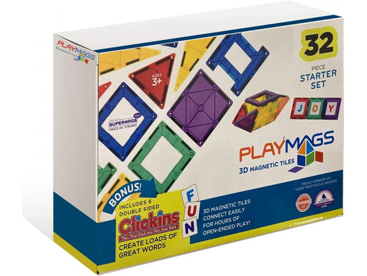 Set Playmags Junior: 32 piese magnetice de construcție + 6 clickins ABC