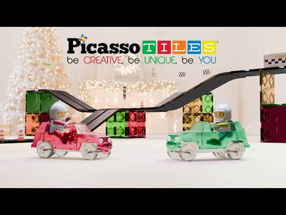 Set PicassoTiles Pistă de curse înclinată - 62 piese magnetice de construcție - conține 2 mașini cu figurine