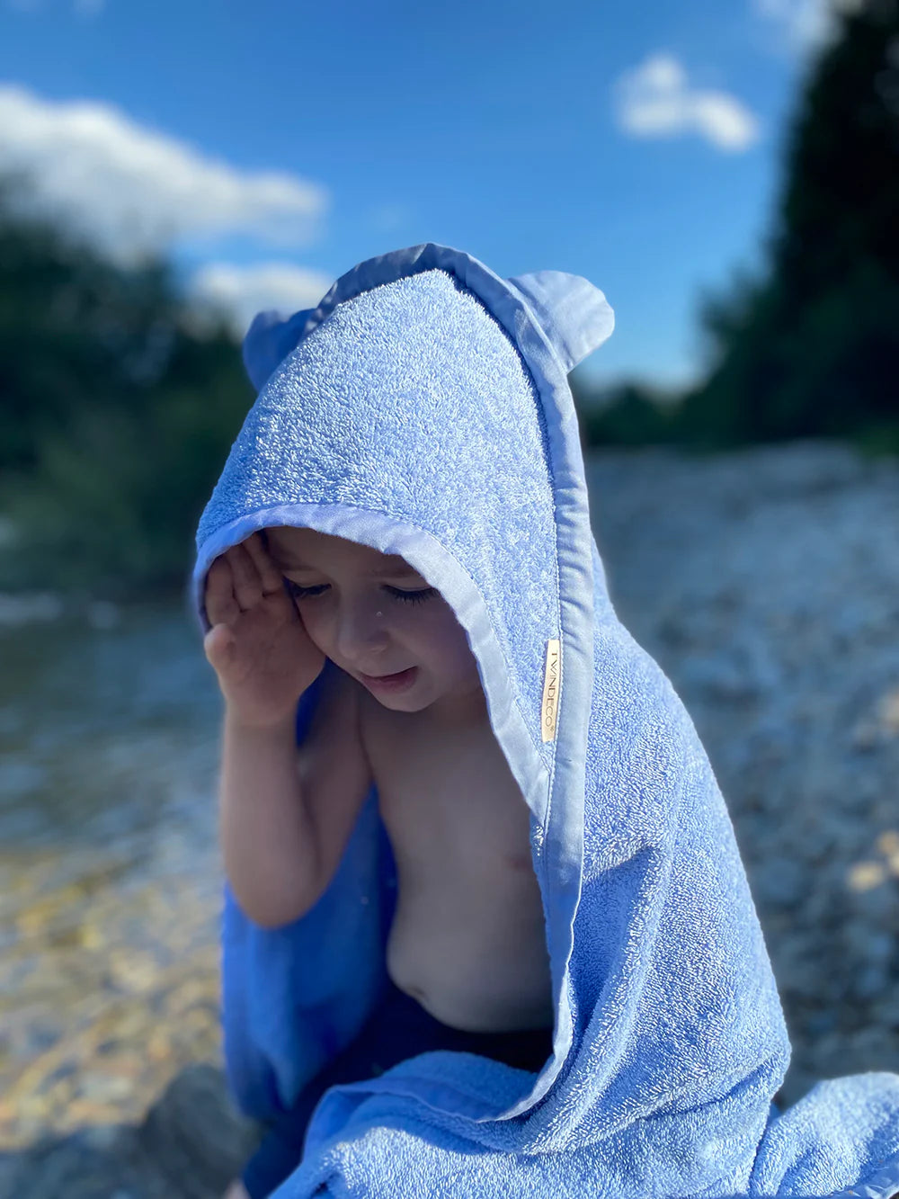 Prosop de baie pentru copii, cu glugă și urechi, crem, 100 x 100 cm - Twindeco - Albastru Blue Skies