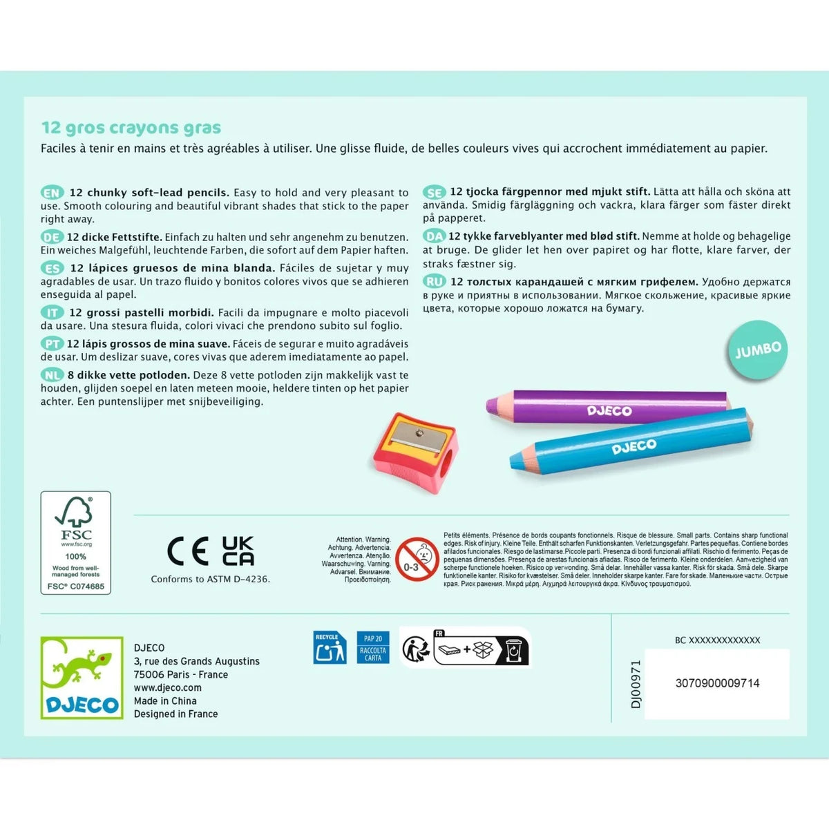 Set 12 creioane colorate cu ascuțitoare, Djeco