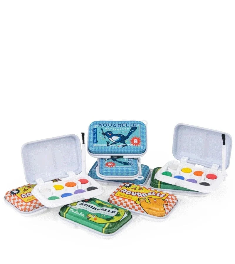 Set mini acuarelă 8 culori cu pensulă – acuarele pentru copii - Moulin Roty
