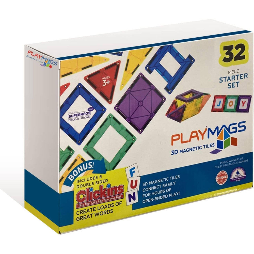 Set Playmags Starter Set 32: 26 piese magnetice de construcție + 6 clickins ABC