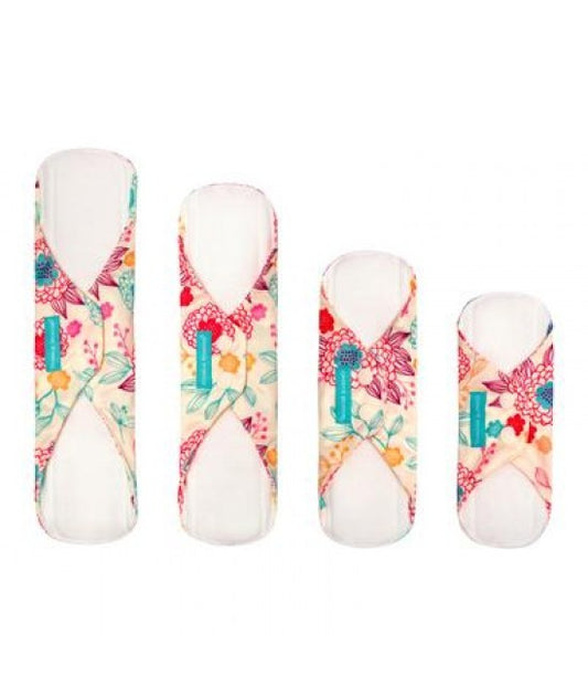 Set 4 absorbante intime feminine lavabile Charlie Banana Peony Blossom de diferite dimensiuni (Liner, Regular, Super, Super+)