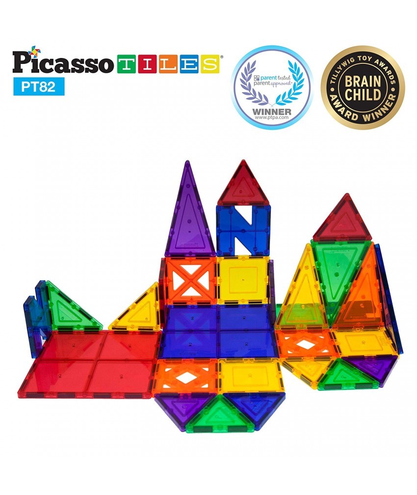Set PicassoTiles Creativitate - 82 Piese Magnetice De Construcție Colorate - 10 Forme Diferite