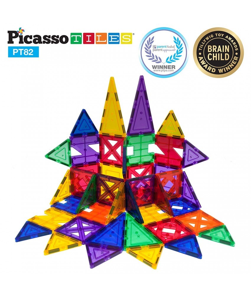 Set PicassoTiles Creativitate - 82 Piese Magnetice De Construcție Colorate - 10 Forme Diferite