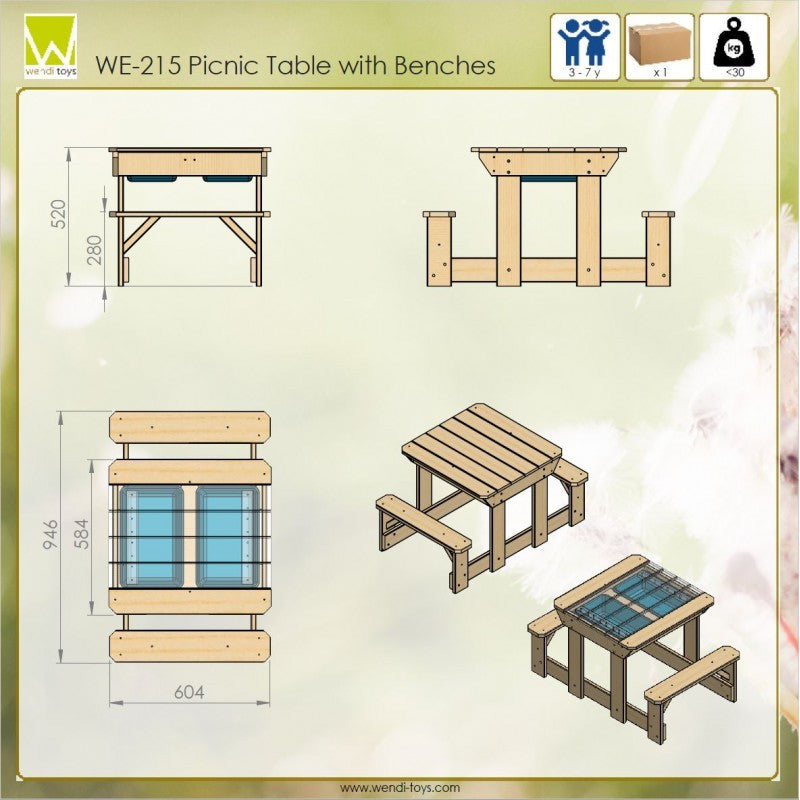  Masa de picnic senzoriala cu bancute si loc pentru nisip si apa (T3), Wendi Toys