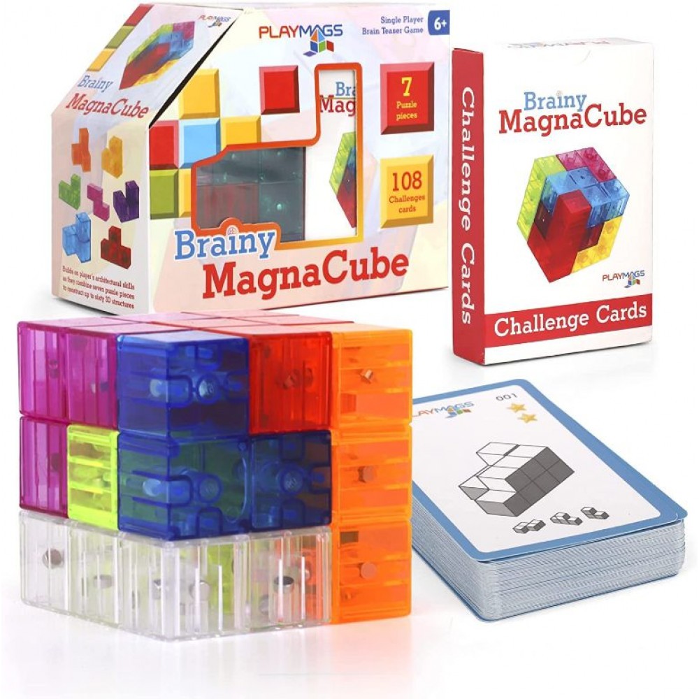 Cub Puzzle Inteligent Playmags Cu Cartonașe De Provocări - Jucărie Educativă Magnetică Brainy MagnaCube