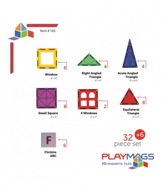 Set Playmags Junior: 32 piese magnetice de construcție + 6 clickins ABC